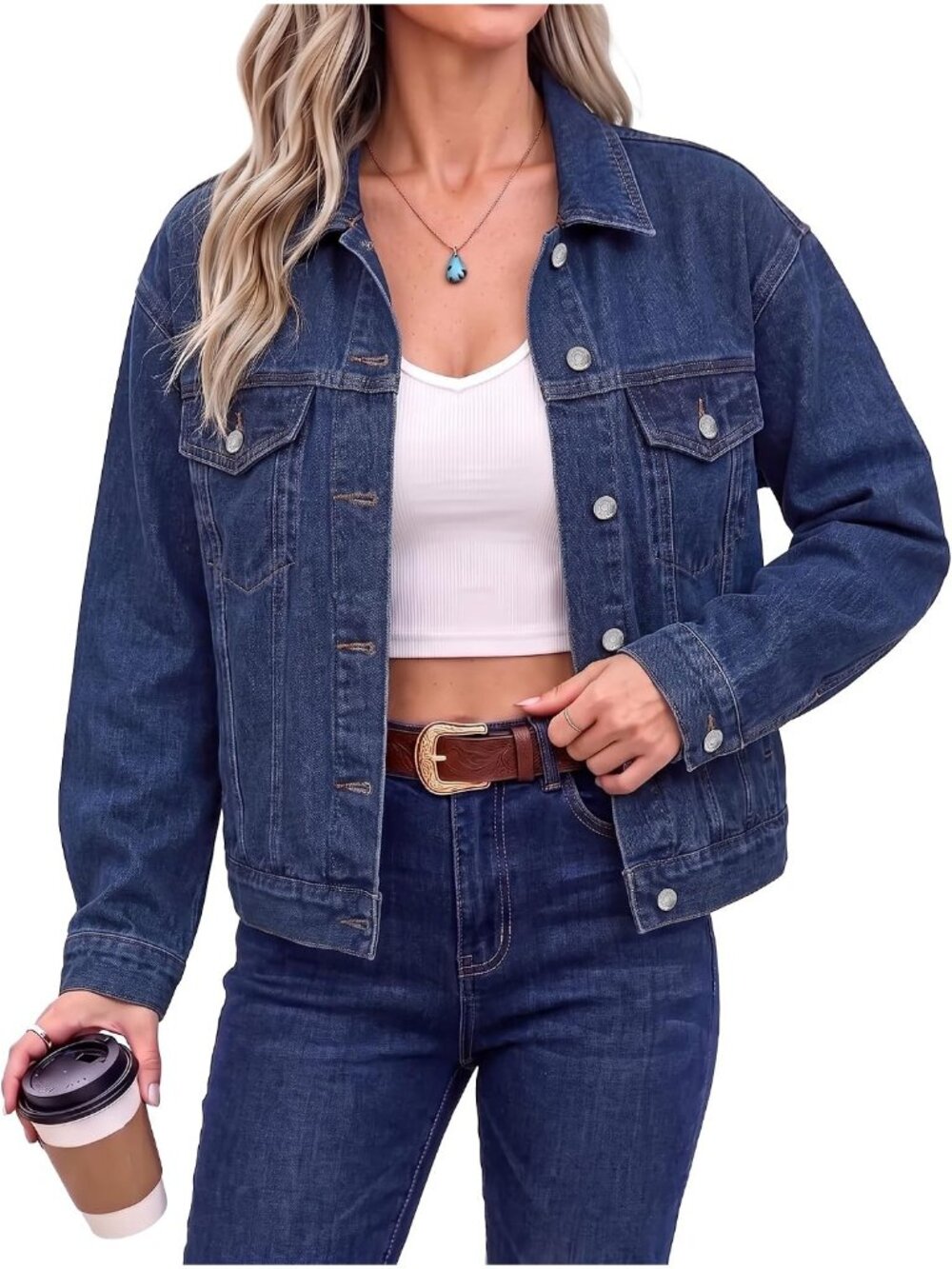Women’s Darkness Blue Long Sleeve Button Down Oversized Casual Denim Jean Jacket